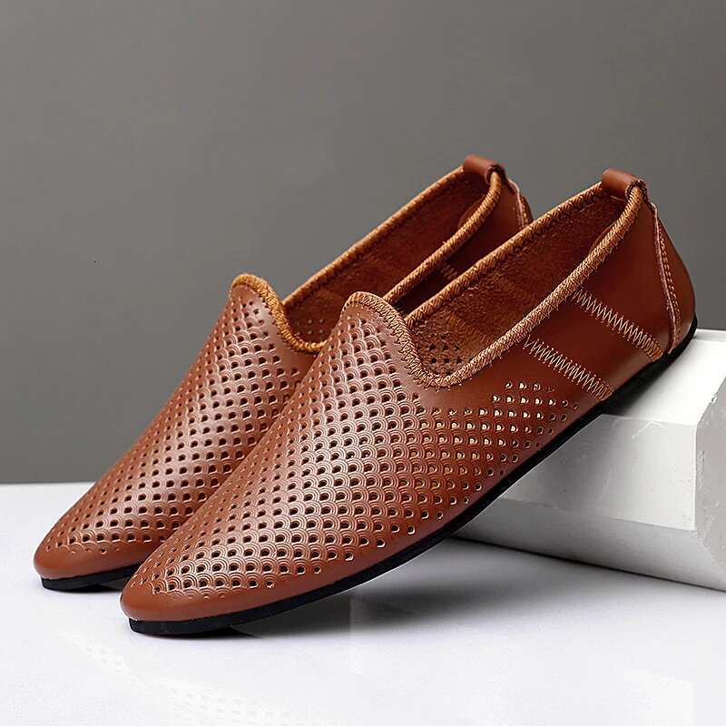 Italian Men Casual Brand Summer Mens Loafers Genuine Leather Moccasins Hollow Out Breathable Slip On Driving Shoes