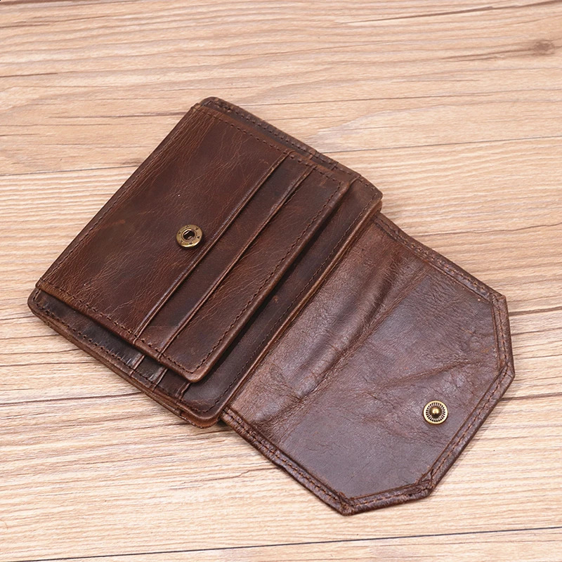 Mens genuine leather wallet original denim retro short mens wallet with card ID window and coin pocket 250228