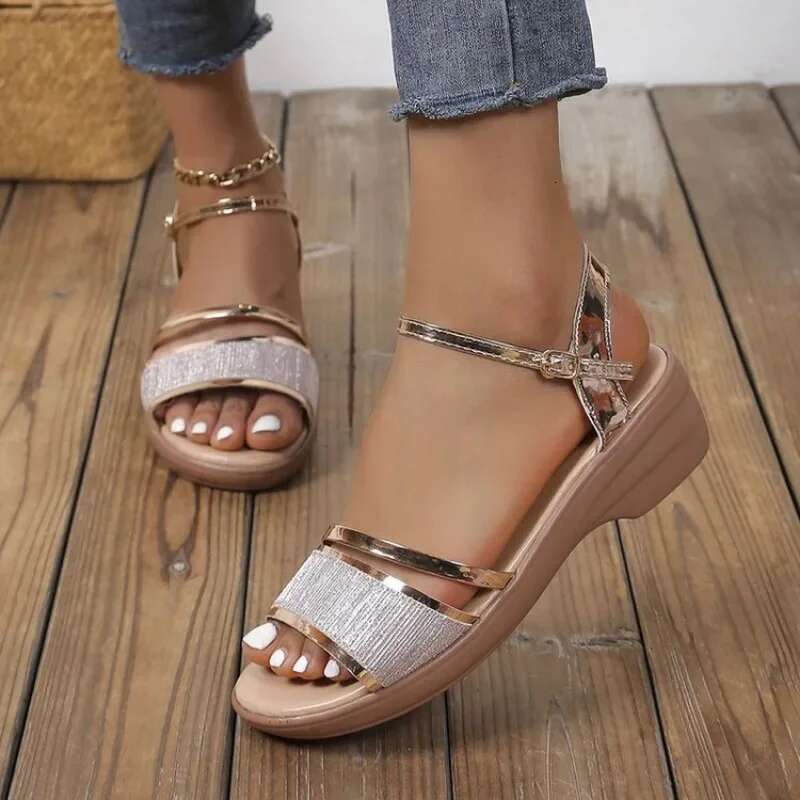Platform Gold Sier Women 2025 Summer Thick Heeled Wedges Sandals Woman Plus Size 43 Ankle Strap