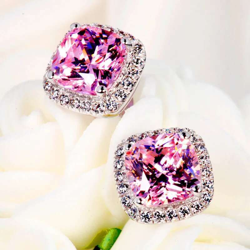Female Crystal Zircon Stone Stud Earring Sier Color Yellow White Pink Earrings Vintage Wedding Jewelry For Women