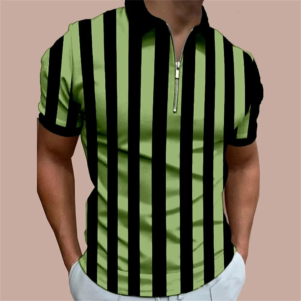 Striped Polo Shirt For Men 3d Print Golf Short Sleeve Top Summer Casual High Quality Clothing Tees Simple MenS Zip Polo T-Shirt 250228