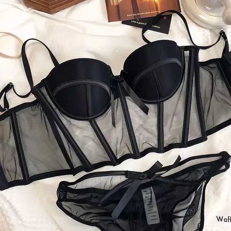 Lace Bra Sexy Mesh Underwear Women Hollow Out Shape Half Cup Soft Bralette Anti-sag Push Up Bow Thicken Women Underwear SetXJ250301