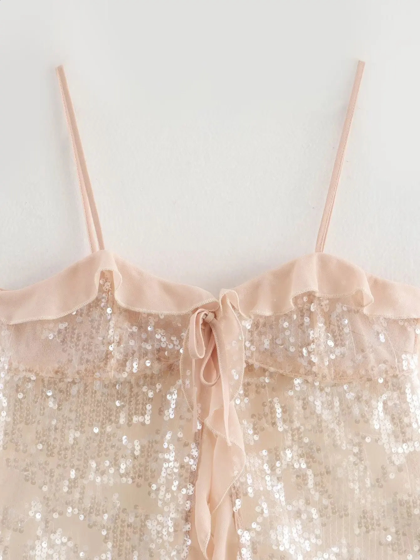 2025 Women Chic Pleat Ruffles Sequined Chiffon Sling Camis Tank Top Lady Backless Short Crop Shirt Blouse Tops Clothes 250226