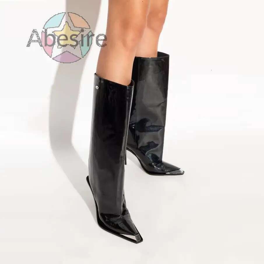 2024 Autumn And Winter New Metal Square Toe Slip On Patent Leather High Stiletto Sexy Knee-High Modern Boots For Women