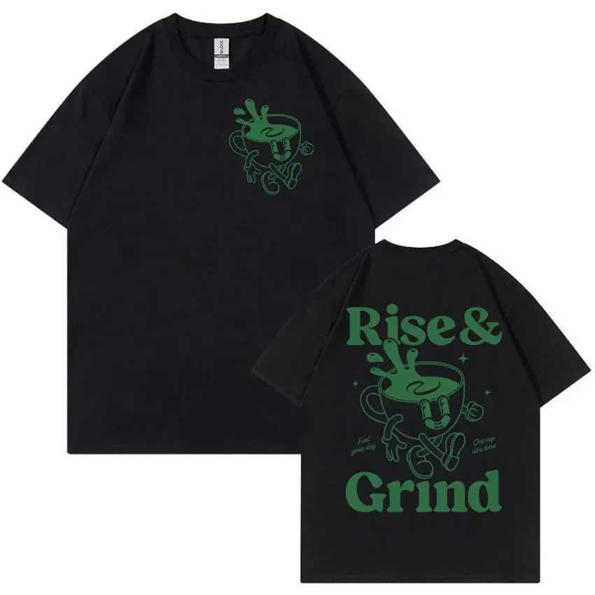 Rise and Grind Green Coffee Funny Meme T Shirt Cartoon Vintage Summer Clothing T-shirts Men Women 100% Cotton Oversized T-shirtT250307