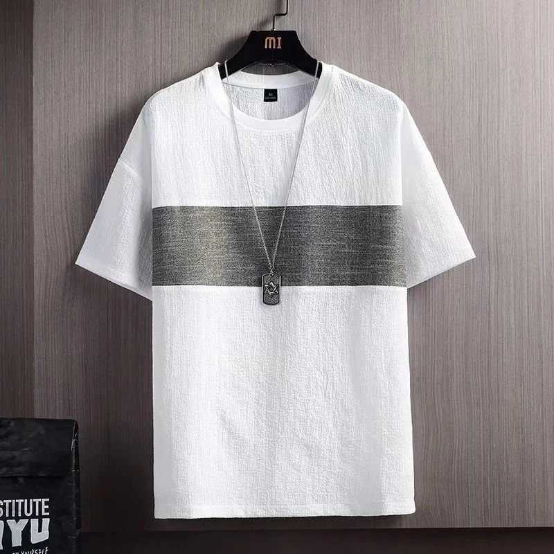 Mens Summer Linen Cotton Short Sleeve T-shirt Solid Loose White Five Point Bottomed Shirt Men Round Neck Tee TopsT250307