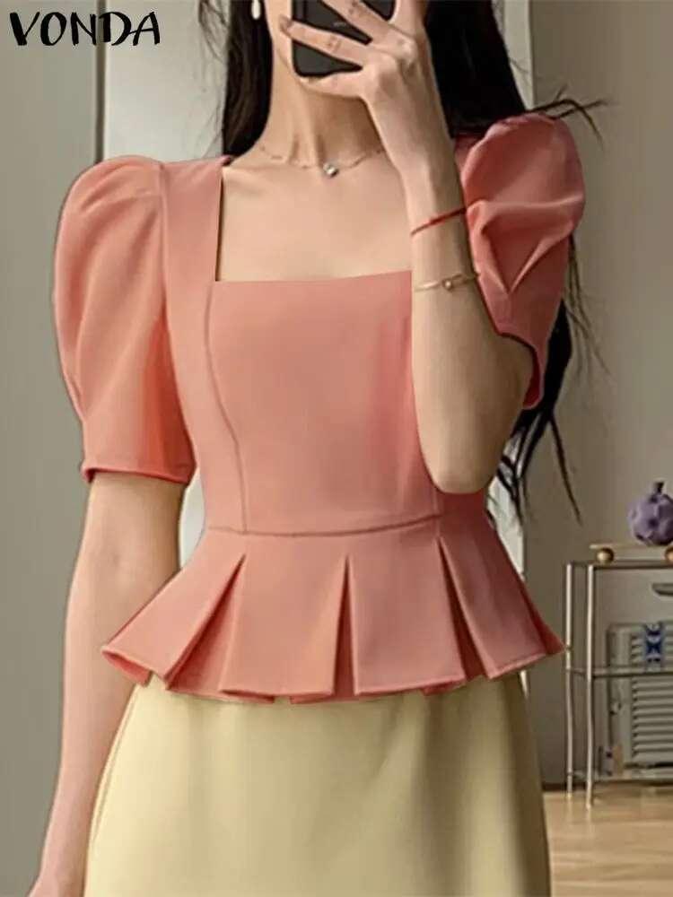VONDA 2024 Summer Square Collar Women Blouse Tops Tunic Short Puff Sleeve Fashion Loose Shirts Casual Solid Color Blusas