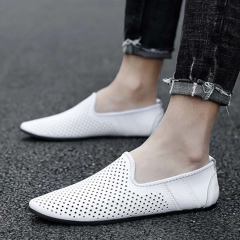 Italian Men Casual Brand Summer Mens Loafers Genuine Leather Moccasins Hollow Out Breathable Slip On Driving Shoes