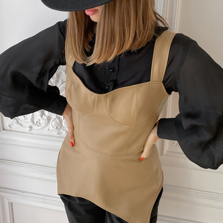 New2 Fengins New Outerwear Small Design Sense Solid Color PU Leather Strap Bra Top Fashion Street