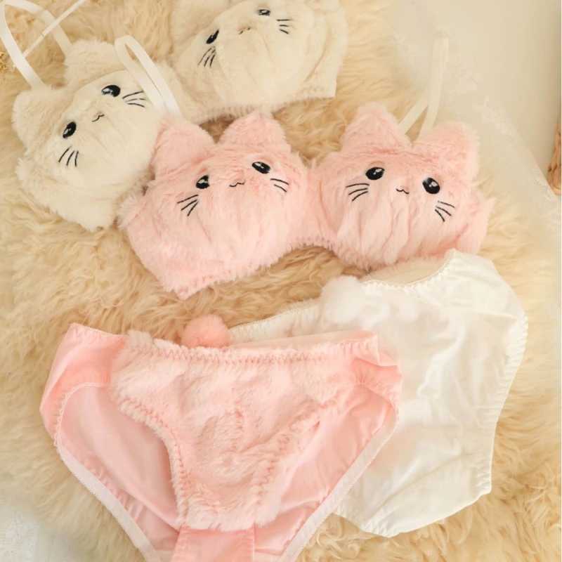 2Pieces Anime Lingerie Soft Underwear Comfortable Plush Bra Panty Set Cartoon Cats Bra and Panties for Womens GirlXJ250301