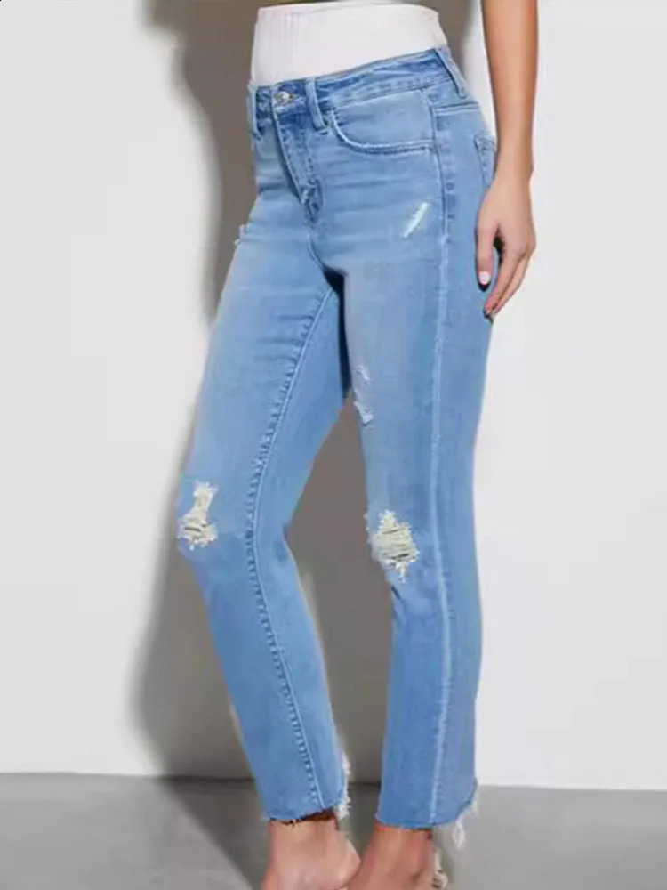 High Waisted Ripped Holes Slim Straight Jeans Women Fashion Slim Fit Pencil Denim Pants Spring Summer Chic Lady Stree Trousers 250225