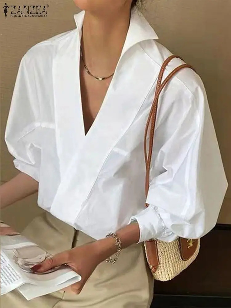 ZANZEA Fashion Womens Office Shirt Spring Collar OL White Blue Chic Sexy Upright Deep V-neck Puff Sleeve Tuned Top 250225