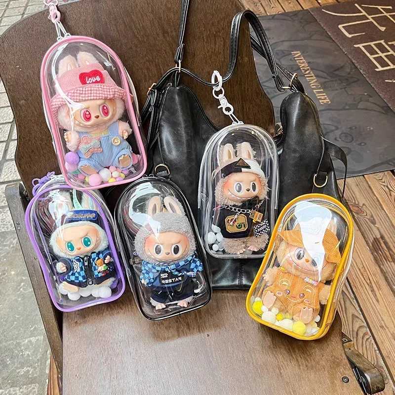 Colorful Transparent Protector Case Organizer Box for 17cm Labubu Plush Dolls Outdoor Display Bag With Keychain Doll Accessories W250301