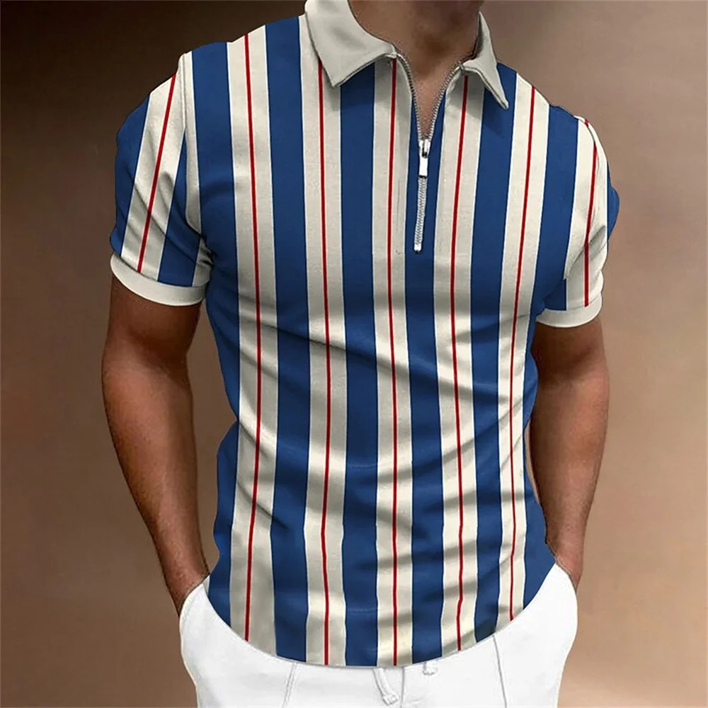 Striped Polo Shirt For Men 3d Print Golf Short Sleeve Top Summer Casual High Quality Clothing Tees Simple MenS Zip Polo T-Shirt 250228