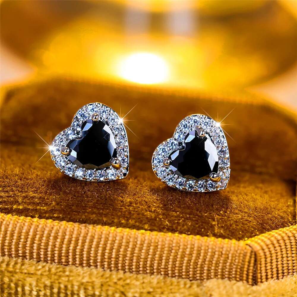 Cute Female Black Zircon Stone Small Heart Stud Earrings Vintage Sier Color Wedding Jewelry For Women