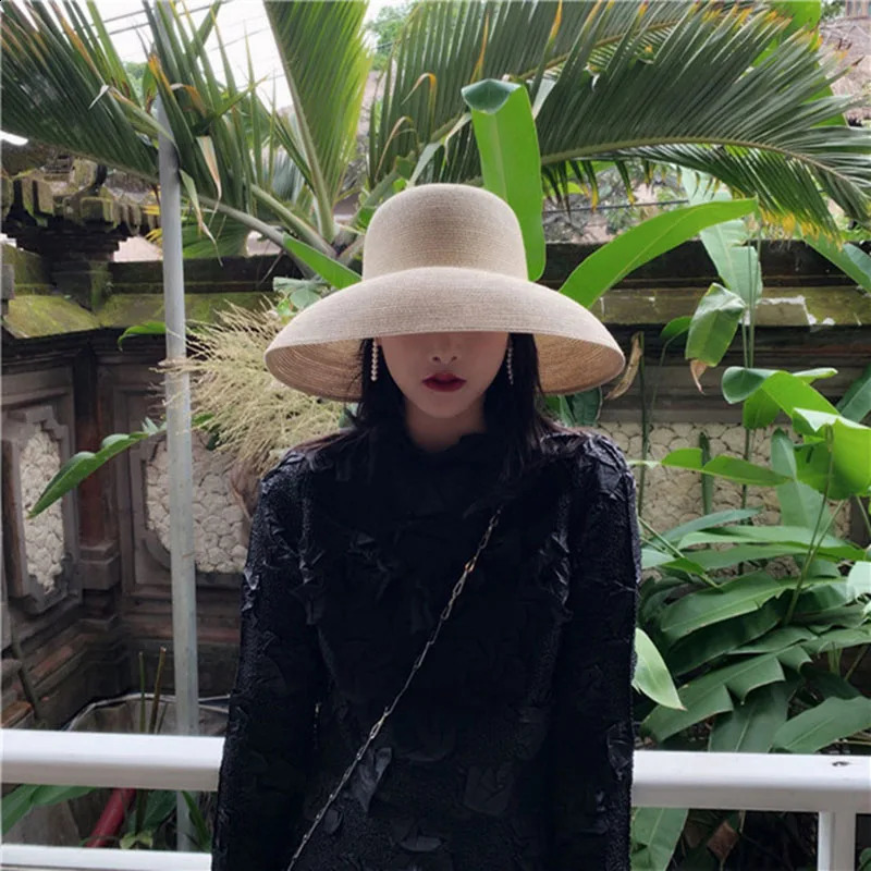 Female Summer womens hat Hepburn Style Vintage n Wide side Straw Hat Solid Color Beach Holiday Beach Hat Big Sun Hat 250227
