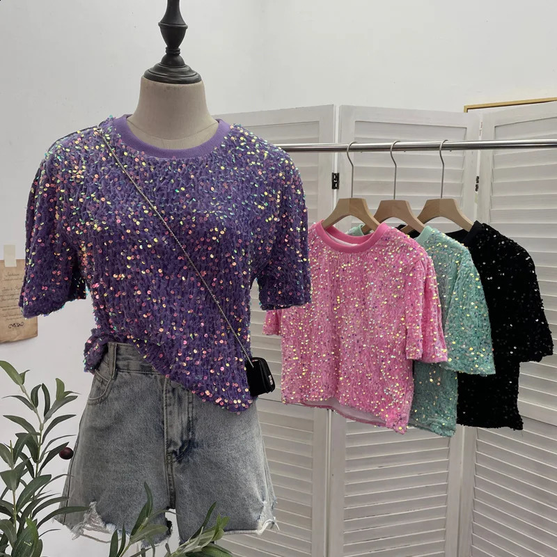 Womens Pink Sequined Short-Sleeved T-shirt Loose Nightclub Blingbling Sweet Short Top 9088 Y2k Essential Streetwear Outfit 250225