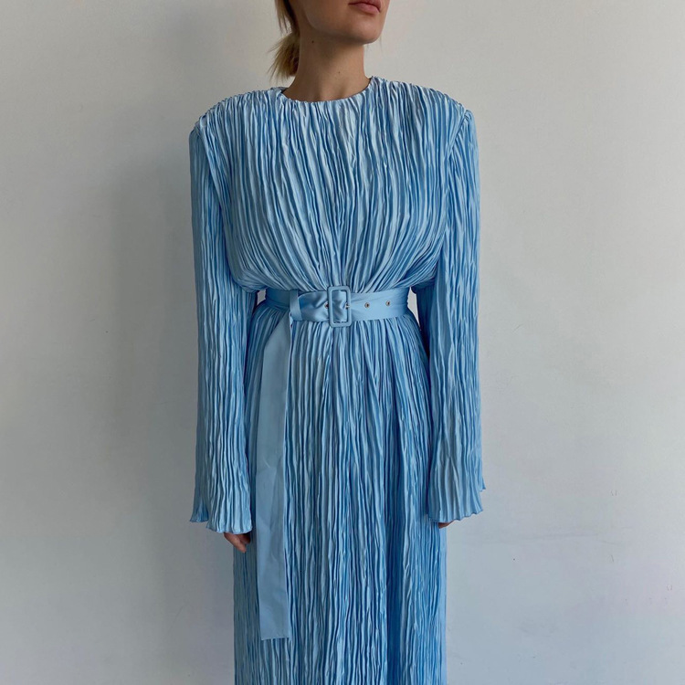 Women's New2 New Sleeved Waistband Pleated Temperament Commuting High Grade Relaxed Long Dress