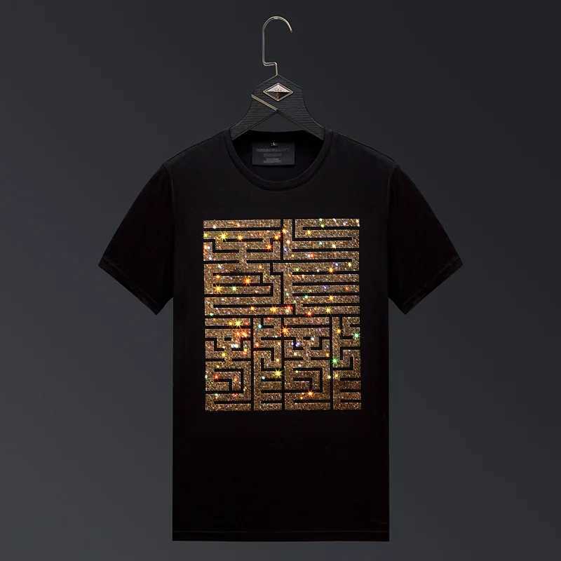 Casual Short Sleeve T Shirts Men Summer Clothes Chinese Characters Rhinestones Fashion Streetwear O Neck Cool Cotton T-shirts J250515