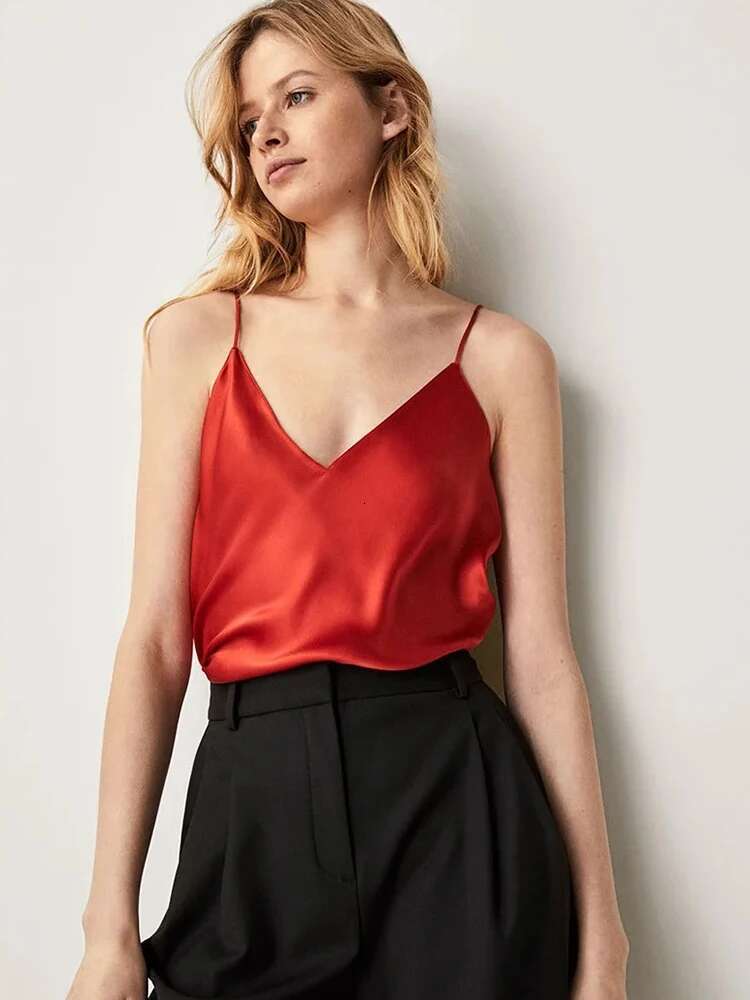 2024 Strap Top Women Halter V Neck Basic White Cami Sleeveless Satin Silk Tank Tops Women'S Summer Camisole