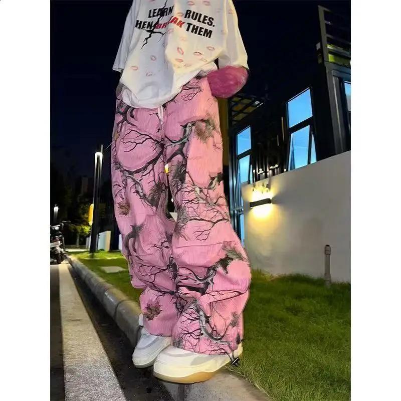 Y2K Pink Camouflage Casual Pants Mens Hip Hop American Retro Trend Printing Loose Pocket Couple Straight Wide Leg Pants Unisex 250225