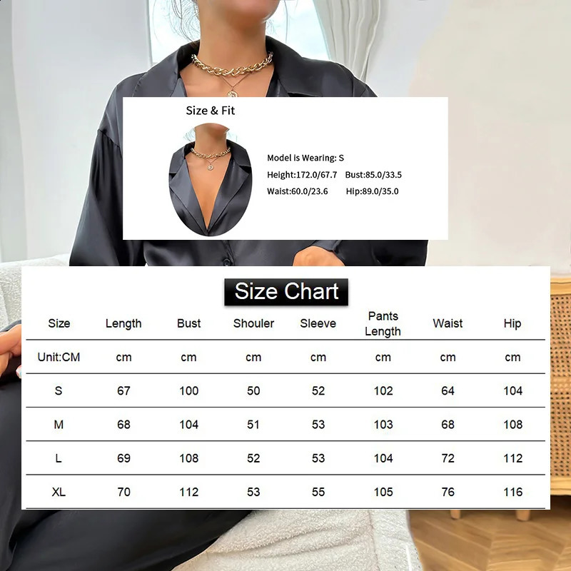 Womens 2 Piece Silk Satin Pajamas Long Sleeve Deep V-neck Lounge Sets Button Down Shirts And Pants Pj Fashion Oversized Outfits 250226bj