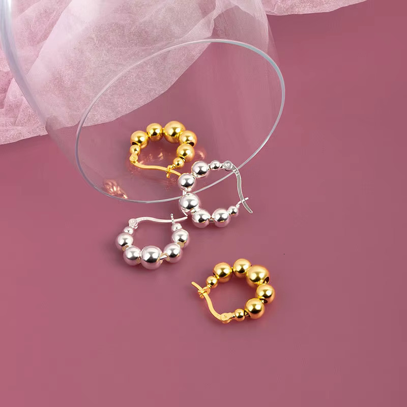 Hot Selg Minimalist Sier Geometric Circular Round Beads Shaped Gold Plated Hoop Earrings for Women Girls