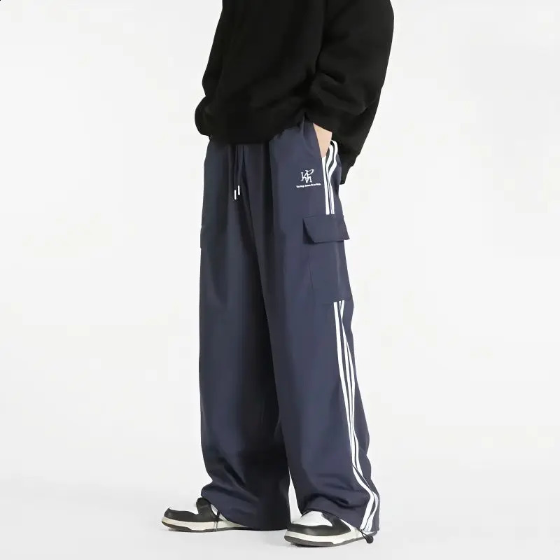 Mens Trendy American Retro Streetwear Side Striped Cargo Pants Y2K Casual Pocket Sport Straight Loose Trouser Pantalones Hombre 250225