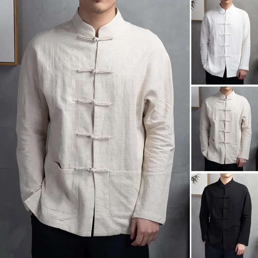 Solid color stand up collar shirt traditional Chinese mens shirt Wenhua collar long sleeved shirt suitable for Kung Fu 250225