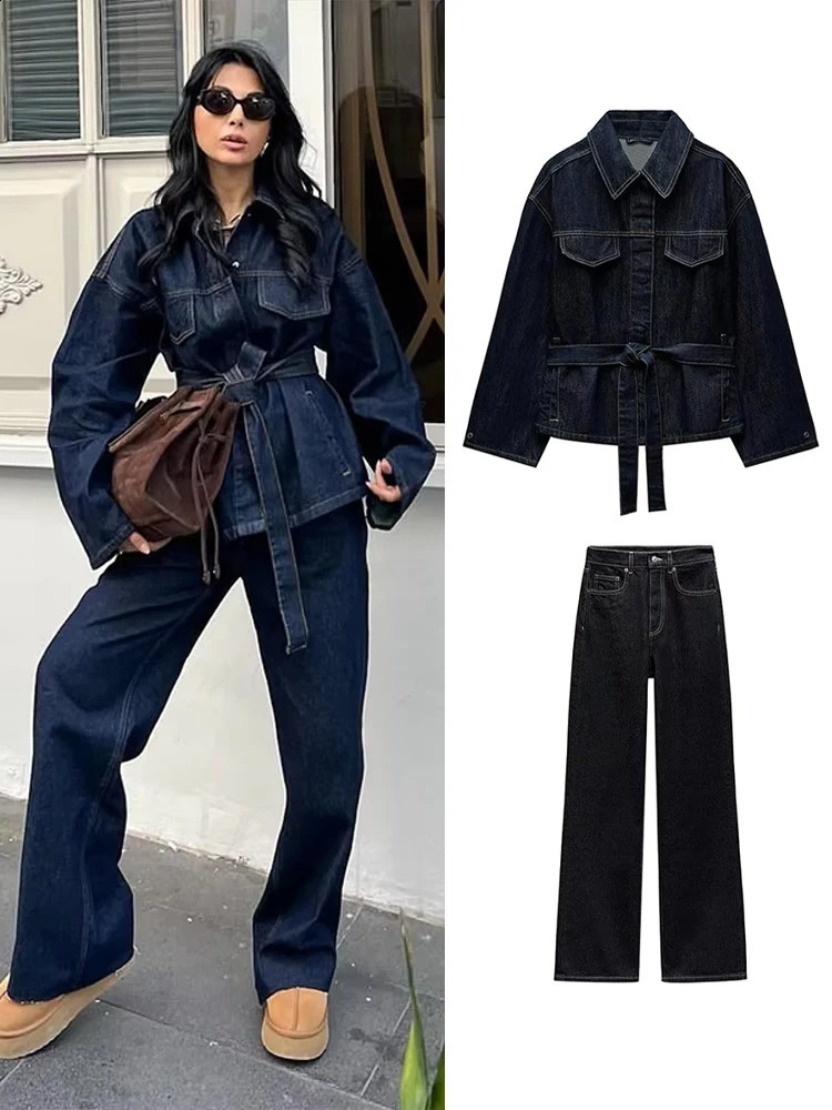Street Denim 2 Pieces Suit Women Lapel Full Sleeve Single Breasted With Belt Jacket Wide Leg Jeans Female Set Spring Summer 250225