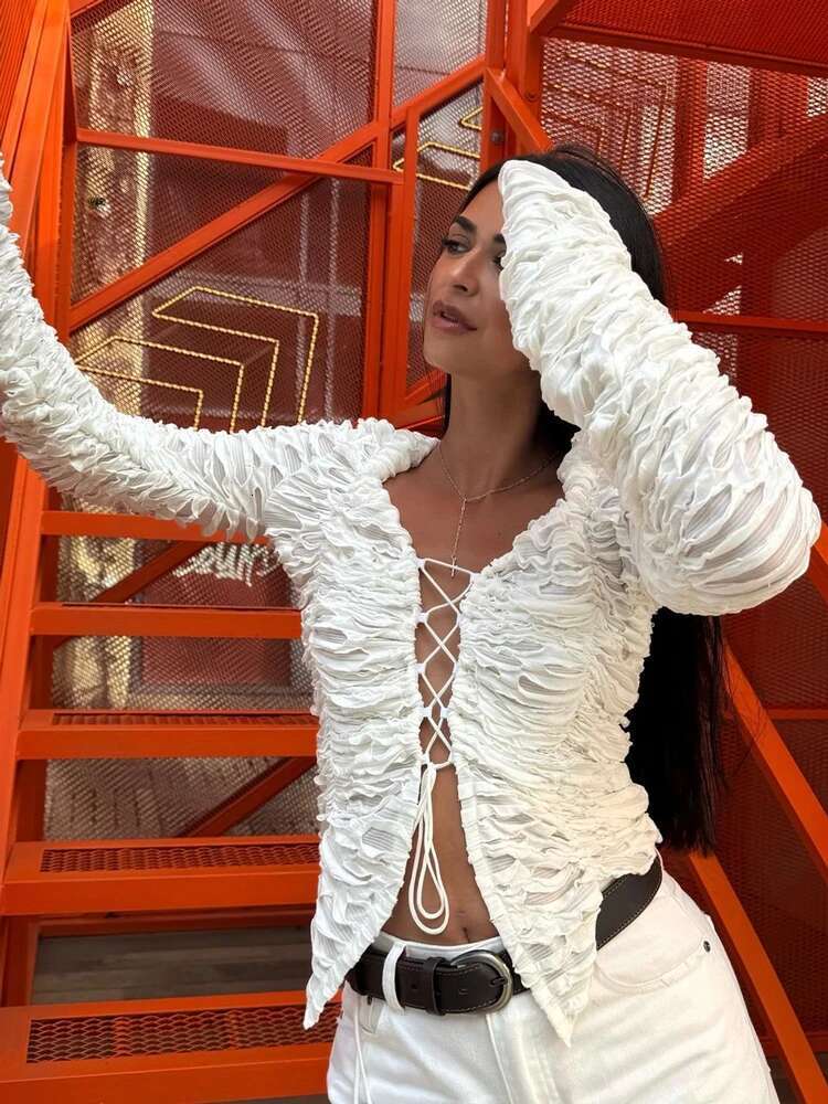 Tossy Autumn Fashion Ruffled T-shirt Cropped Top Female Hollow Out Lace-Up Patchwork Loose Outwear White Women Bandage Tee Coat