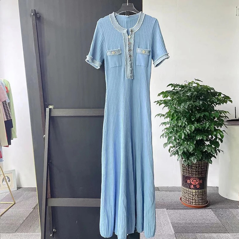 YoooMuoo fashionable denim patch work O collar single chest knitted Maxi dress elegant pocket long sleeved vacation robe 250226
