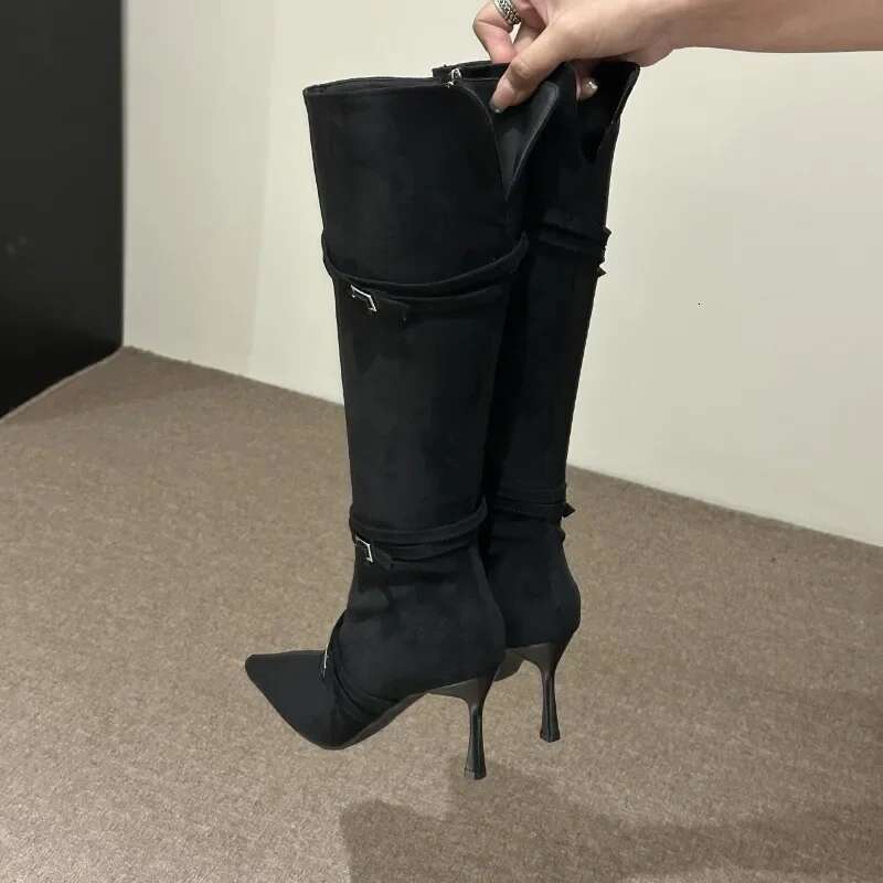 Leisure Mid Calf Winter Zip Pointed Toe Ck Shoes For Women Thin High Heels Solid Modern Boots Atos