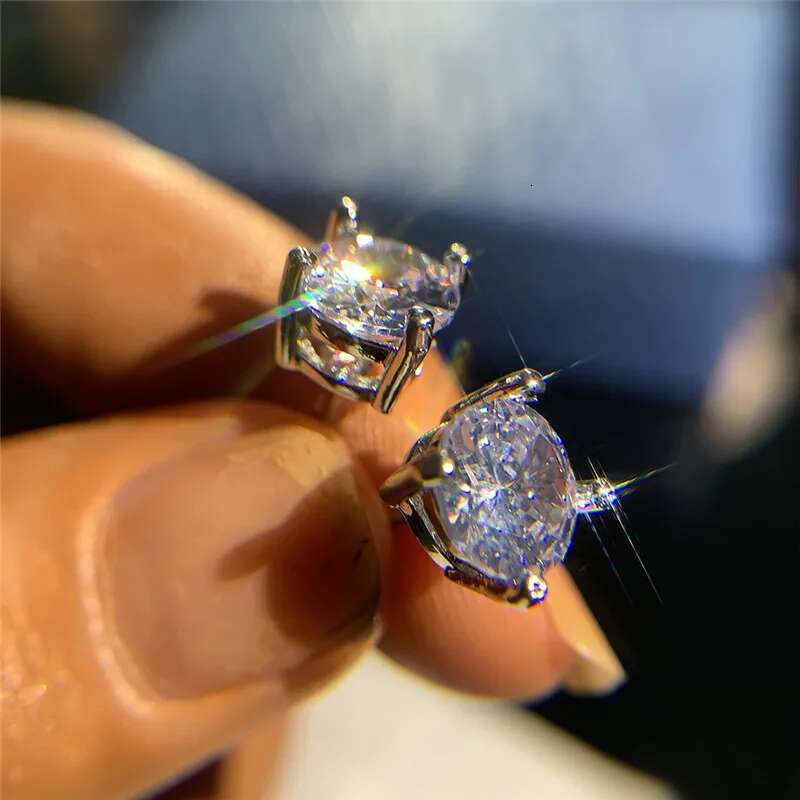 Female Crystal Light Blue Stone Earring Charm Sier Color Stud Earrings Cute Round Zircon Wedding Jewelry For Women
