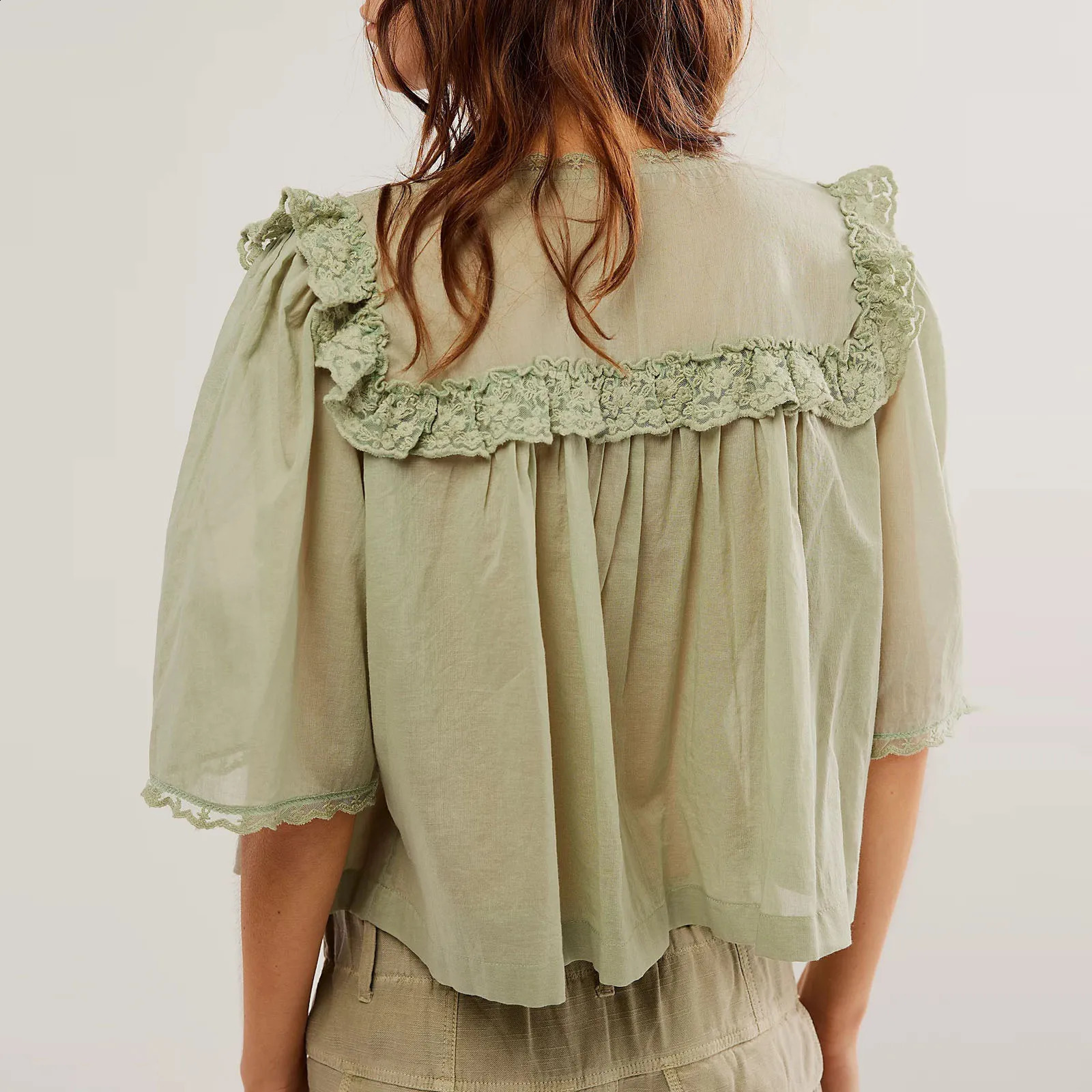 Women Sweet Ruffles Sheer Shirts Fashion Ladies Loose Lace Button Blouses for Female Chic Elegant See Through Tops Clothes 250225
