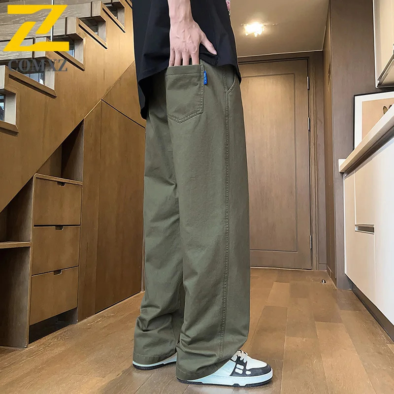 Mens Sports Pants Spring Autumn Casual Loose Khaki Drawstring Stretch Trousers Hip Hop Street Clothing Y2K Straight Leg Pants 250225