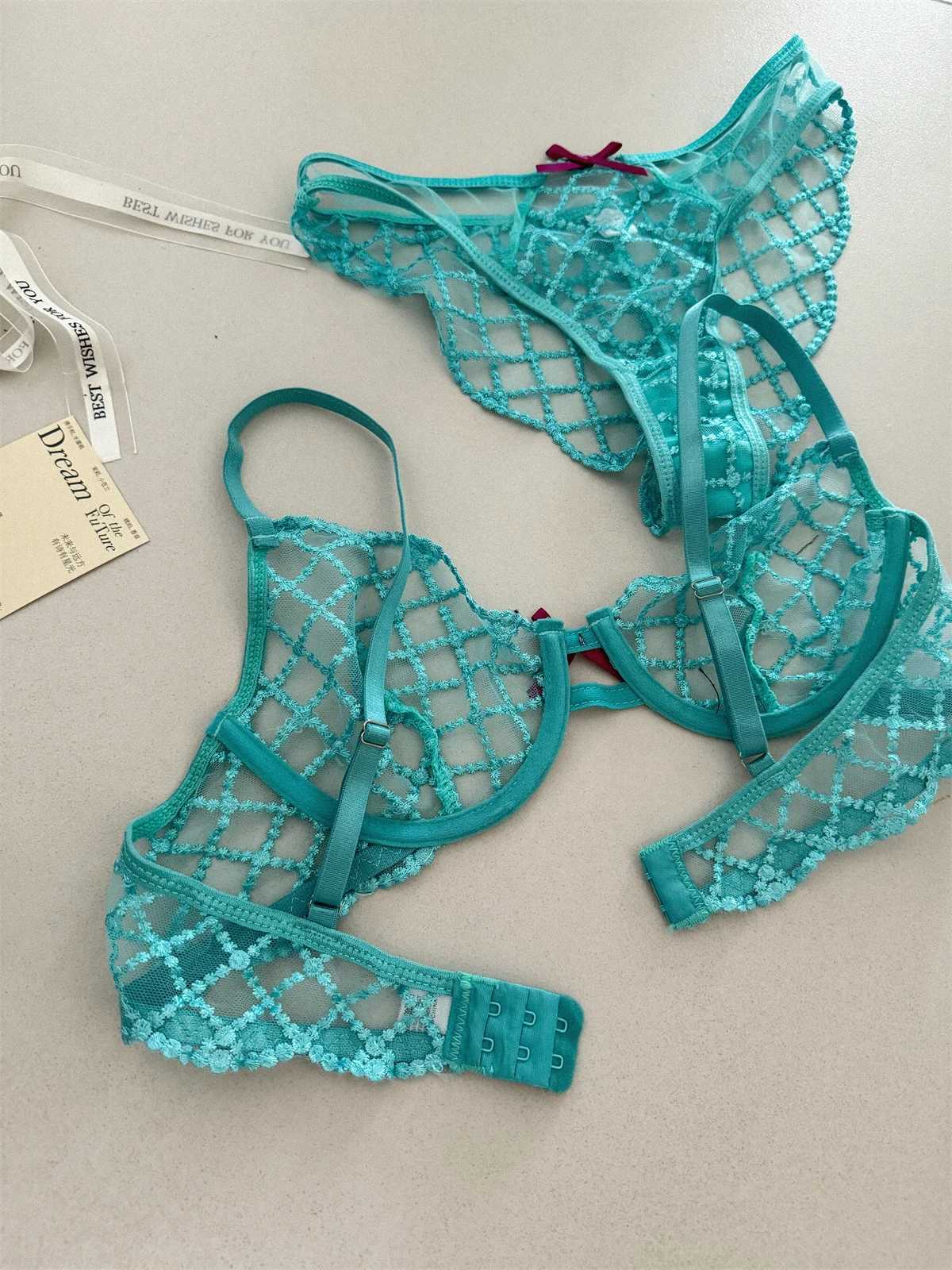 Mermaid blue three-piece lingerie set of thin large breast underwear sexy lace bra breathable romantic bra with underpants suitXJ250301