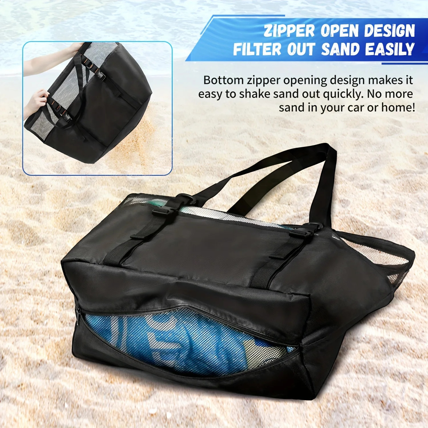 Multiple Lightweight Pockets Foldable Black Mesh Beach Bag Mesh Duffel Bag Large Capacity Swimming Bag for Girl' s Gift 250305