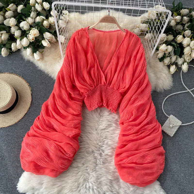 Womens Blouse Sexy Deep V Neck Tops Full Puff Sleeve Tight Waist Top Shirts Slim Fit Blouses Elegant Splice Pleated Shirt 250225
