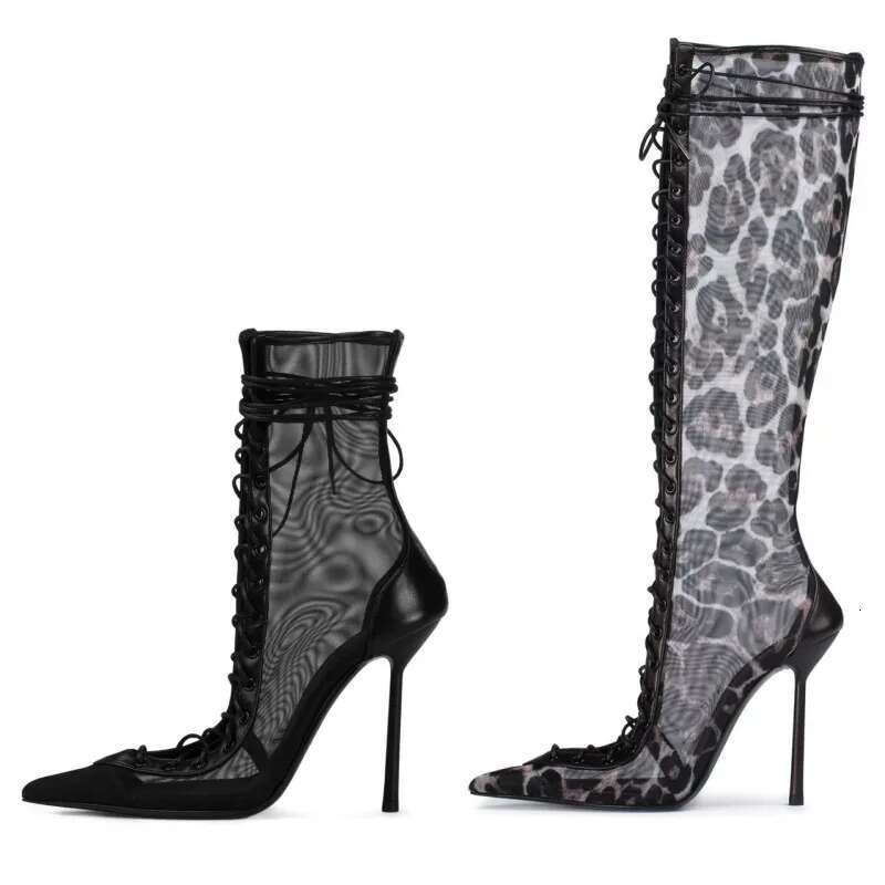 Spring/Summer New Lace Up Short Cool Side Zipper Banquet Slimming High Heels Sexy Knee Length Women's Boots