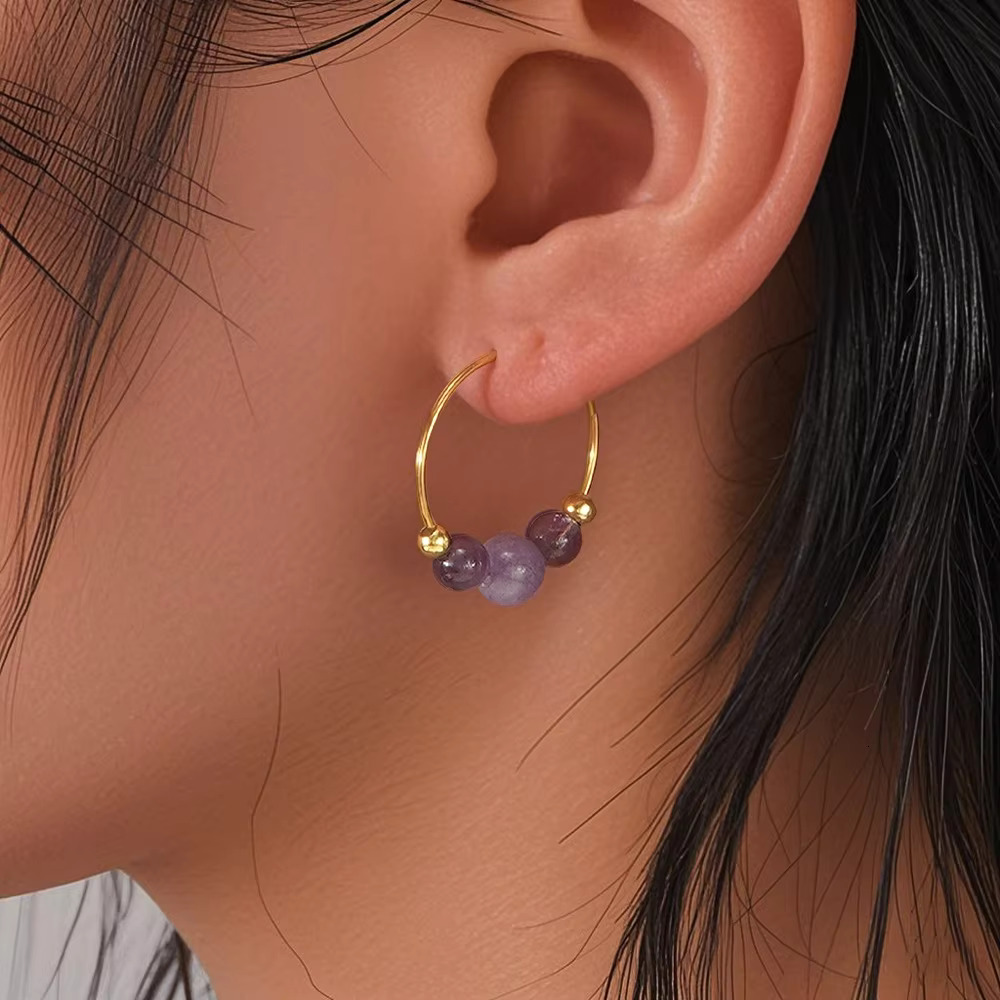 Go2boho Natural Gemstone Hoop Amethyst and Rose Quartz Gold Plated Beaded Round Earrings for Women Gift