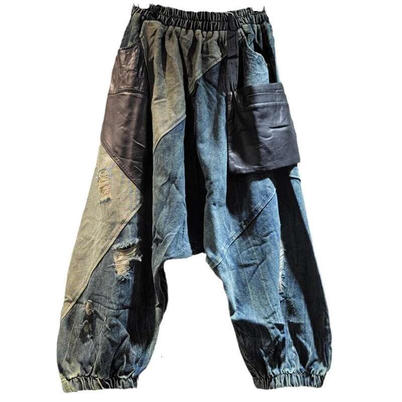 DEAT Women's Fashion Patchwork Elastic Waist Pocket Jeans Loose High Street Denim Trousers Female Trend 2024 Winter New 11A01760