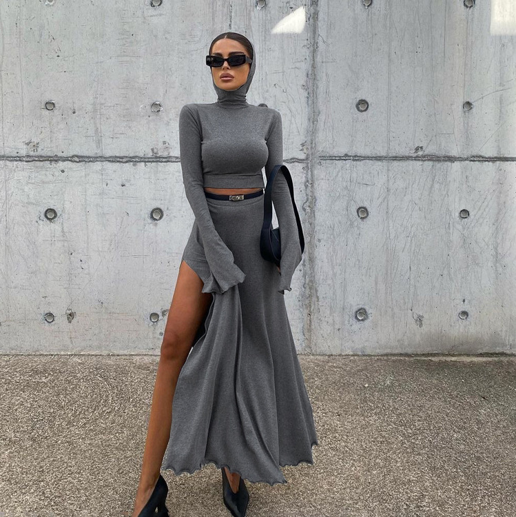 Women's Short Hooded Top With High Waist Side Slit, Unique Skirt, New4 Spring And Autumn New Two-Piece Set For Women
