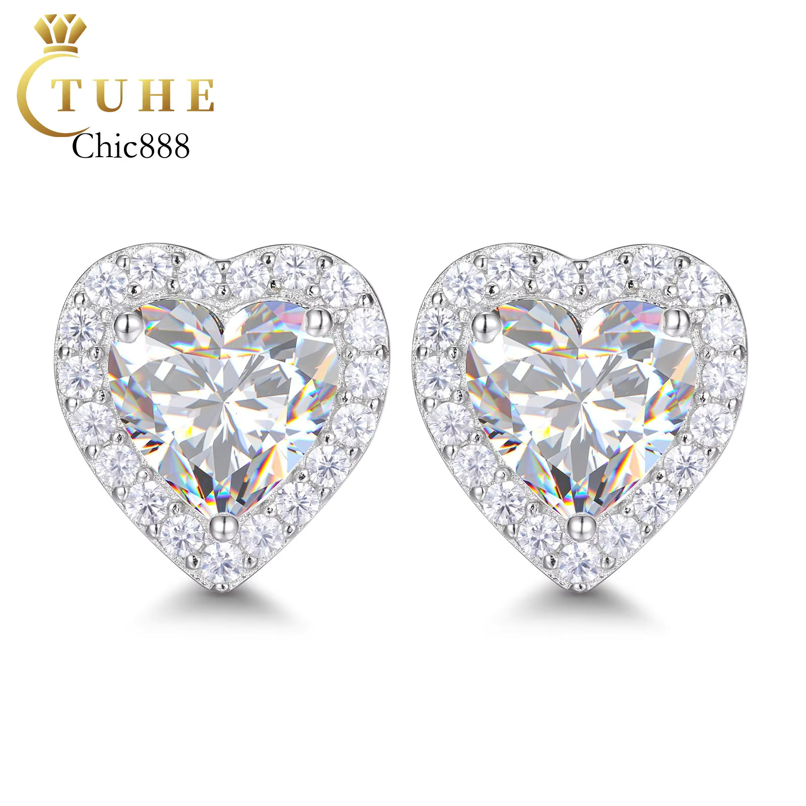 Wedding Jewelry Bridal Gift White Gold Sterg Sier Heart Cut VVS Moissanite Dia Stud Earrings for Women Valentines