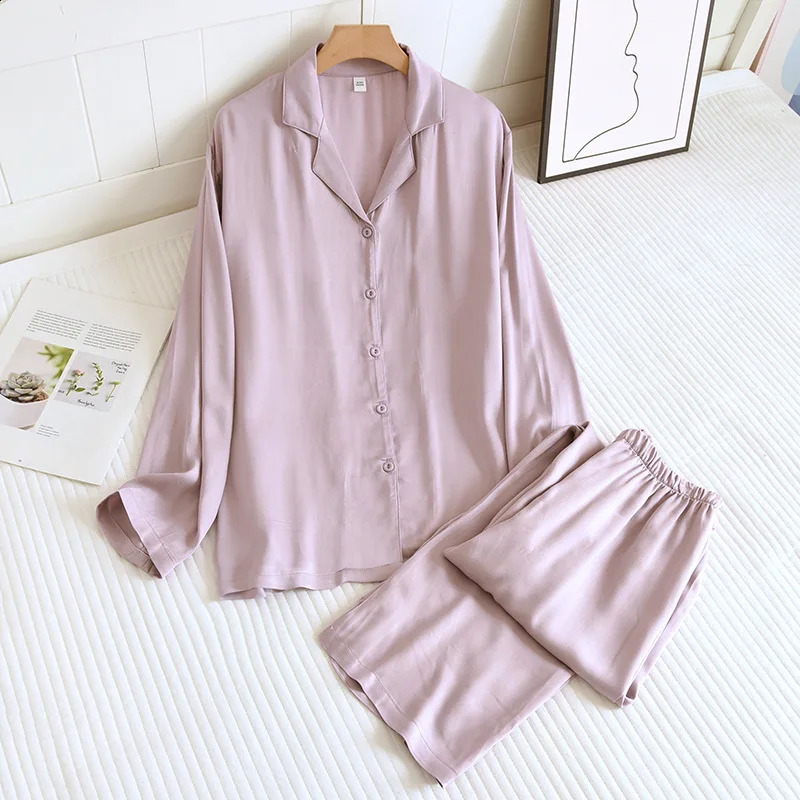 Men and Womens Cotton Silk Pajamas Thin Satin Home Clothing Long Sleeved Pants Spring Pajama Sets Pure Color Couple 2 Pcs 250226bj
