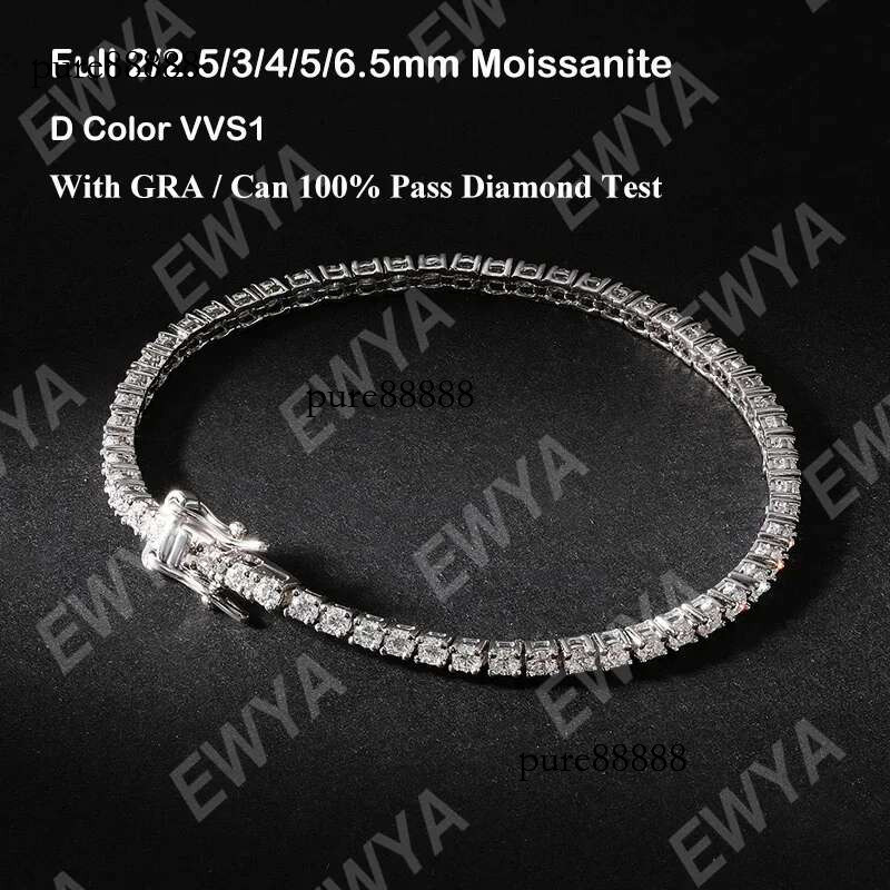 EWYA New In Real D Color Full 2mm 0.03CT Moissanite Tennis Bracelet For Women S Sier Plated Dia k Bracelets Gift