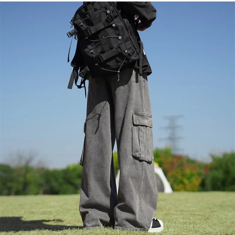 Solid Hip Hop Harajuku Jeans Vintage Large Pants Men Pockets Wide Leg Baggy Jeans Men Streetwear Straight Denim Cargo Pants 250228
