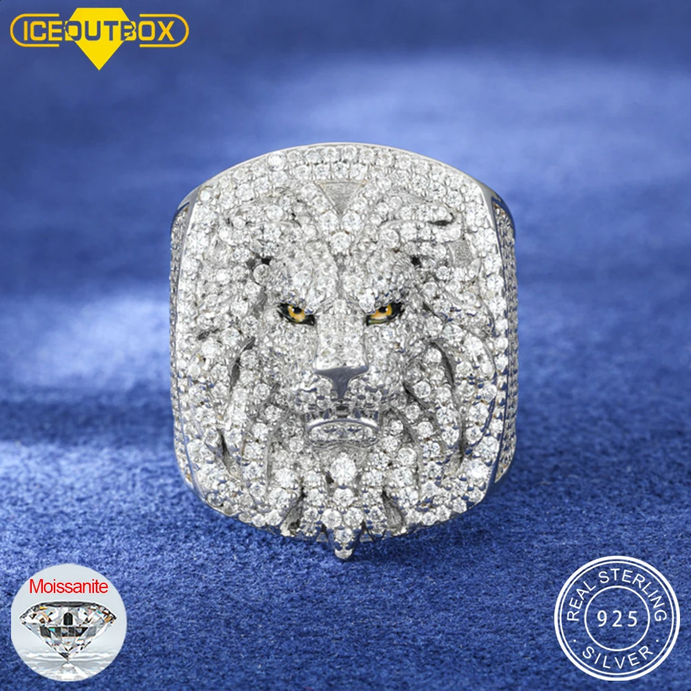 S925 D VVS Lion Head Mens Ring Iced Out Prong Setting Bling Punk Hip Hop Rock Street Party Jewelry Christmas 250227
