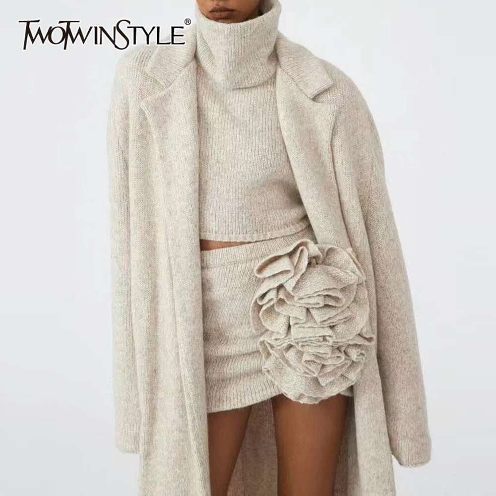 TWOTWINSTYLE Three Piece Set For Women Lapel Long Sleeve Coat Neck Vest High Waist Spliced Appliques Skirt Chic Sets Female
