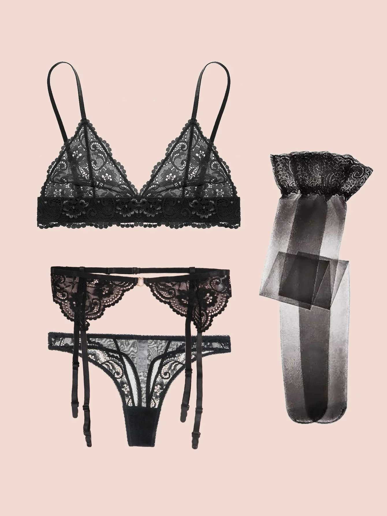 Varsbaby lace bra set for women without padding panties garters stockings summer lingerie sexyXJ250301